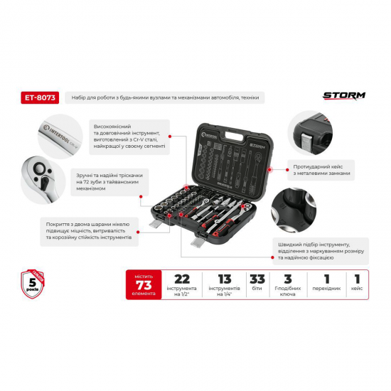 Набір інструментів 73 од., STORM, 1/2", 1/4", Cr-V Intertool ET-8073