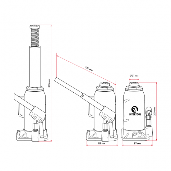 Домкрат стовпчик одноштоковий 5т 200-385 мм Intertool GT0053