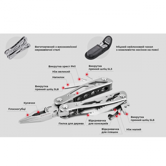 Мультиінструмент 165 мм 12-в-1 з чохлом Intertool HT-0540