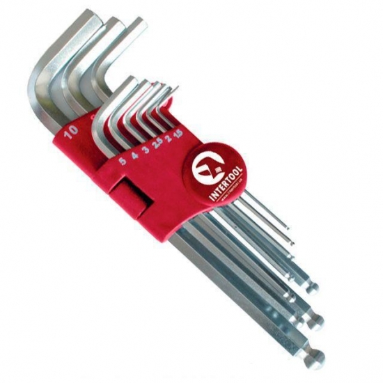 Набор Г-образных шестигранных ключей с шарообразным наконечником 1.5-10 мм Intertool HT-0603 9 шт
