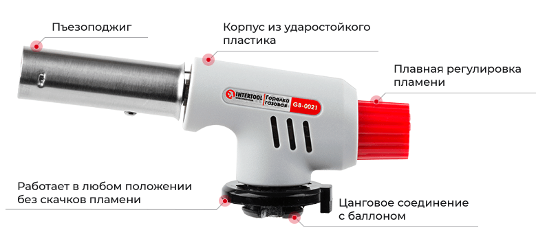 Конструктивные особенности горелки газовой c пьезозажиганием INTERTOOL GB-0021