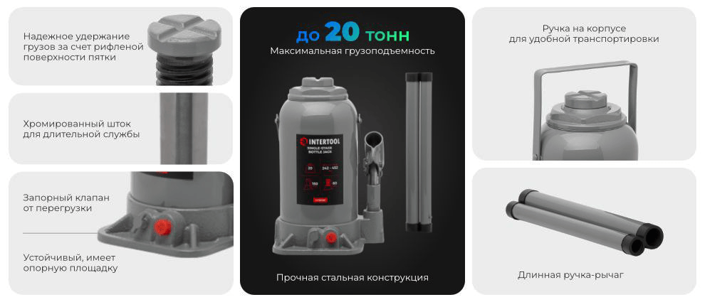Конструкция Домкрата "столбик" одноштокового 20 т INTERTOOL GT0028